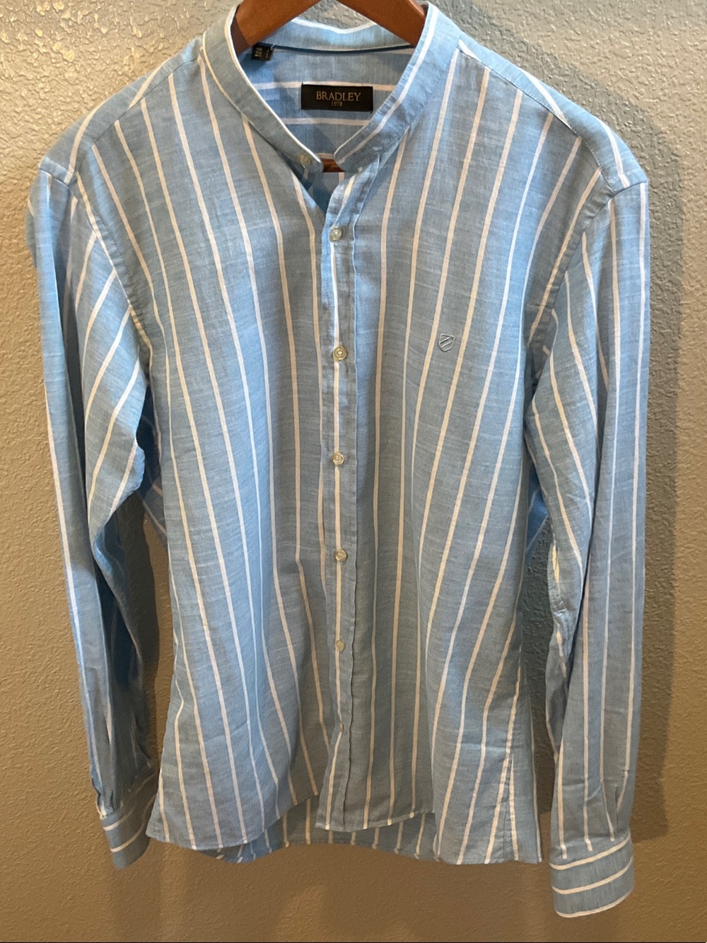 Men's Light Blue Stripe Mandarin Collar Shirt